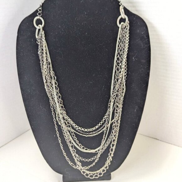 Vintage Multi Strand Silver Tone Statement Chain Necklace - Picture 1 of 7